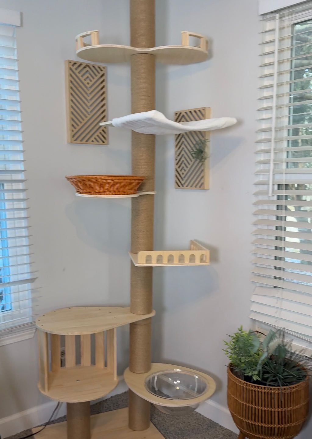 Cat tree with multiple levels, shelves, and a bowl in a room with windows and a plant.